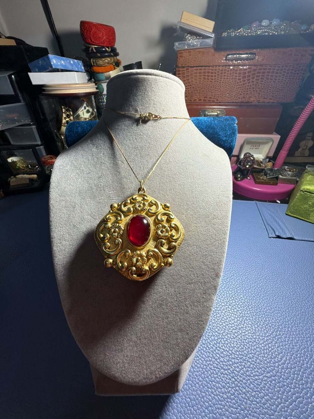 Revlon Intimate Solid Perfume Locket Necklace with Red Cabochon